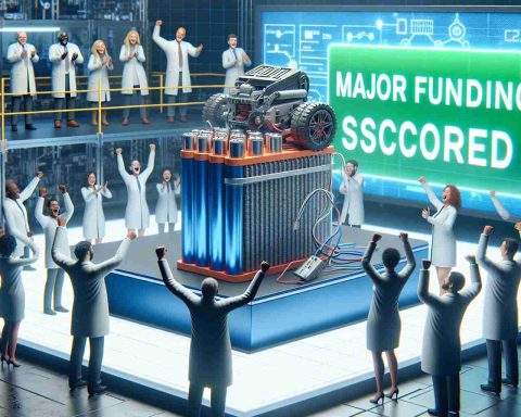 Generate a realistic high-definition image of a landmark event showcasing the breakthrough in electric vehicle batteries. The scene should exhibit prominent researchers of diverse ethnicities and genders in a laboratory, joyfully celebrating their success. There's a newly developed battery on a pedestal, its intricate details hinting at its advanced technology. In the background, a big sign reads 'Major Funding Secured', symbolizing the significant financial support this project has secured.