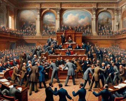 Depict a chaotic scene within a legislative assembly. Picture divided politicians of an unidentified party involved in tense negotiations, arguing passionately and gesturing wildly to suggest an imminent shutdown of the organisation. The space is grand and ornate with historical paintings and antique architecture.