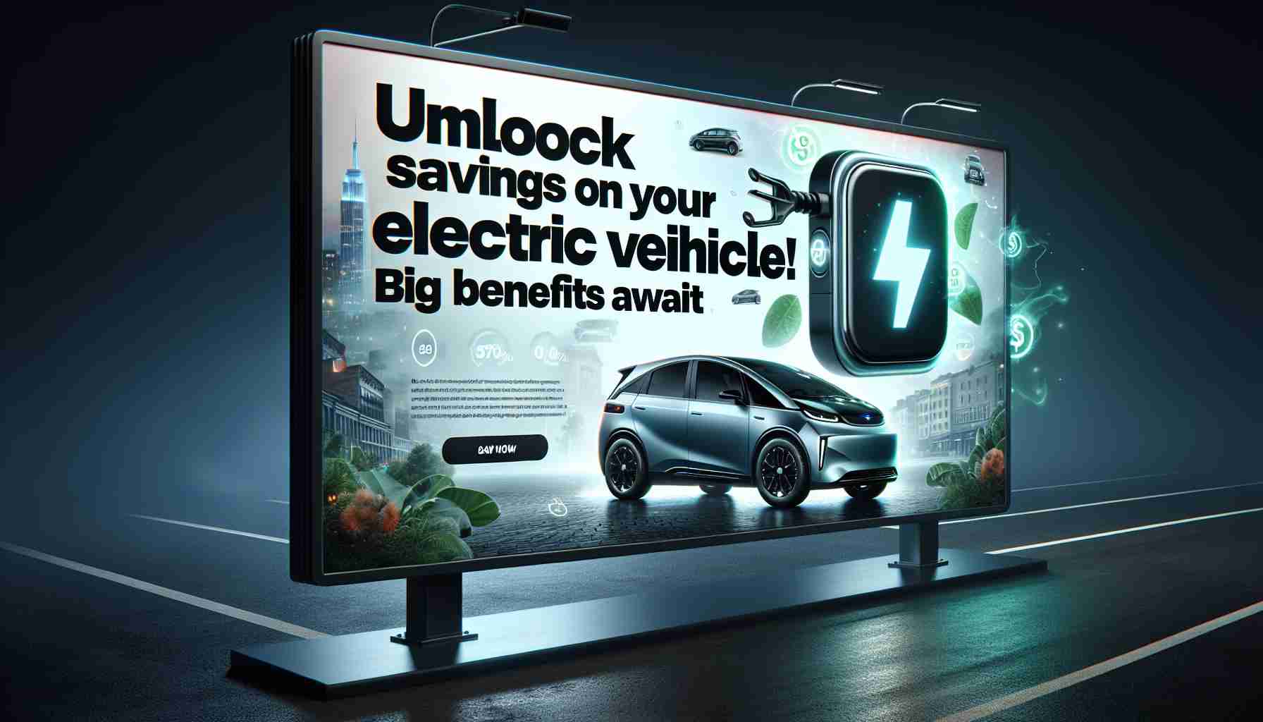 A hyper-realistic, high-definition image of an advertisement for an electric vehicle. The ad banner reads 'Unlock Savings on Your Next Electric Vehicle! Big Benefits Await'. It features depictions of sleek, modern electric cars, a big button symbolizing the unlocking of savings, and compelling imagery associated with the environmentally-friendly nature and future-centric benefits of investing in an electric vehicle.