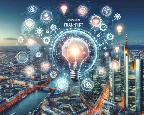 Create an image that shows a metaphorical representation of energising digital stocks in Frankfurt, known as a hub for European technology. This can feature symbols of innovation, like gears and lightbulbs, alongside stock market graphics and iconic Frankfurt cityscape elements.