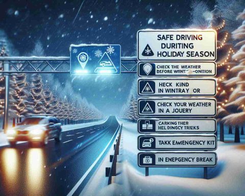 A realistic, high-definition image related to safe driving during the holiday season. The image consists of a snowy road, with reflective road signs indicating cautious driving in wintry conditions. There's also a quick checklist of tips for safe holiday driving, such as checking the weather before a journey, carrying an emergency kit, and taking breaks during long drives. It creates an overall message emphasizing the importance of safe driving practices during holiday travels.