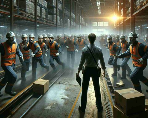 Generate a high-resolution, realistic image that depicts the moment a egregious work conditions were discovered. The scene could include a shocked observer discovering a factory with cramped spaces and inappropriate safety measures. This observer could be a health and safety inspector, visibly taken aback, indicating the severity of the situation. In response, figures of authority are promptly seen taking action to rectify the situation, showing scenes of immediate enforcement and rectification taking place at the background. The ambiance of the scene should suggest urgency and immediacy.