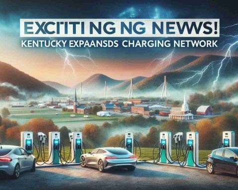 Create a high-definition, realistic photograph illustrating the concept of electrification in Kentucky, focussing mainly on the expansion of charging network for electric vehicles. The image could include a variety of charging stations set against the backdrop of Kentucky's diverse landscapes, such as urban areas, rural farmlands, and mountain regions, serving as a symbol of the state's commitment to sustainable transportation. A headline or banner that reads 'Exciting News for Electric Vehicle Drivers! Kentucky Expands Charging Network' should be prominently displayed in the image.