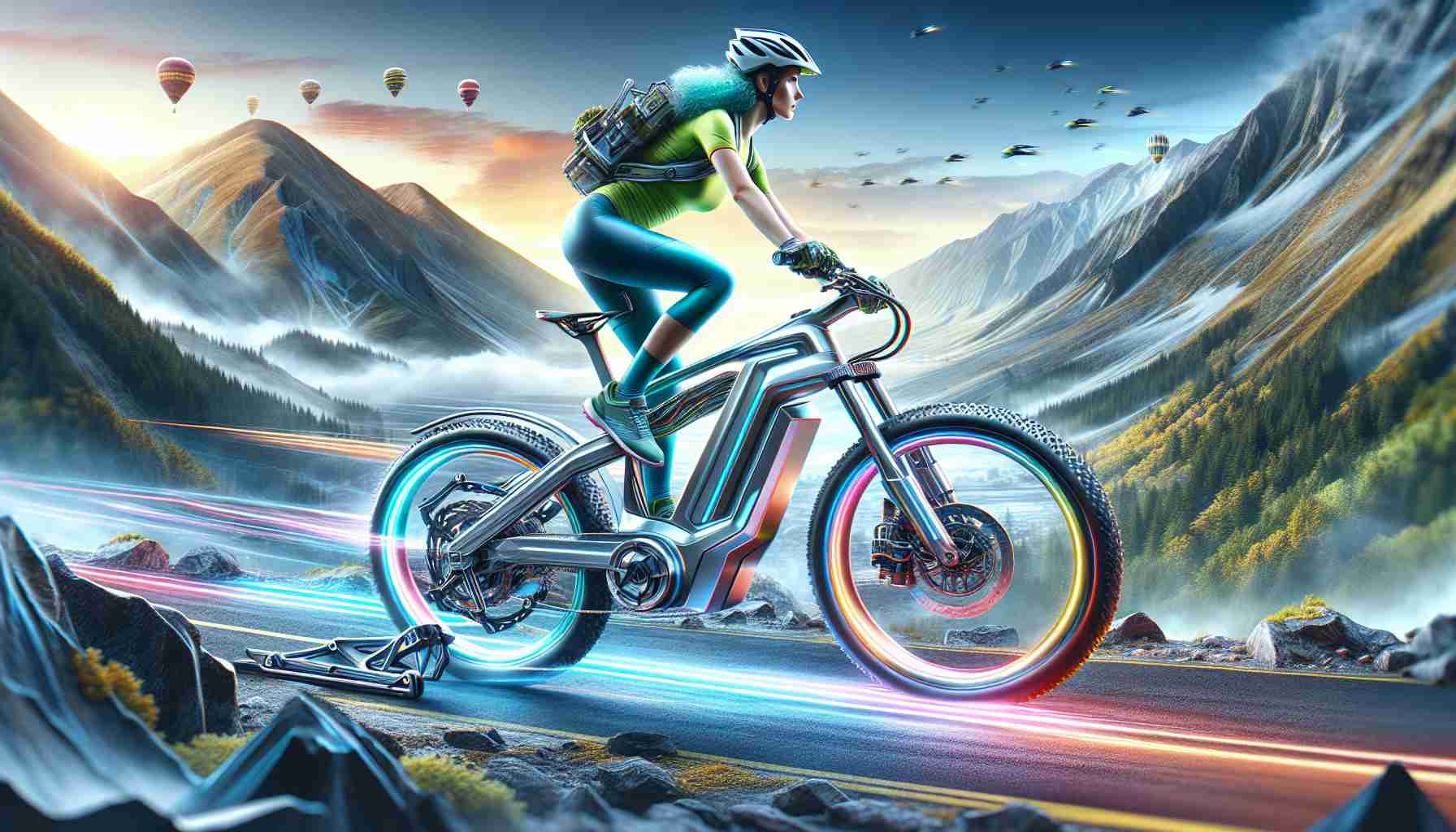 Detailed and realistic image of the future of electric bikes, in high-definition quality. Visualize a revolutionary electric bike with an advanced, sleek design and modern technology, painted in vibrant colors, reflecting the thrill and adventure of a futuristic ride. Set the scene on a dynamic biking trail, possibly over a mountainous terrain or in a vibrant cityscape, to showcase the bike's capabilities in different environments. Also, include a rider with a protective helmet, dressed in athletic attire, radiating the excitement of this unique experience. Note: The rider's descent is Hispanic and gender is female.