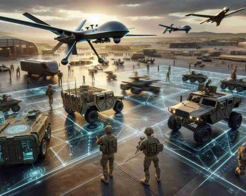 A high-definition, realistic image of future army technology, predicting how it might revolutionize warfare. This scene captures cutting-edge military equipment amid an environment of heightened tension, technological advancement and high precision. Render an unmanned drone equipped with precision-guided munitions hovering over an advanced battlefield. On the ground, autonomous fortified vehicles move with speed and silence, applying stealth technology. Nearby we see soldiers integrated with wearable tech, providing real-time situational awareness. They wear camouflaged suits with embedded sensors for bio-monitoring and GPS tracking. This fascinating depiction indicates the future direction of military science.