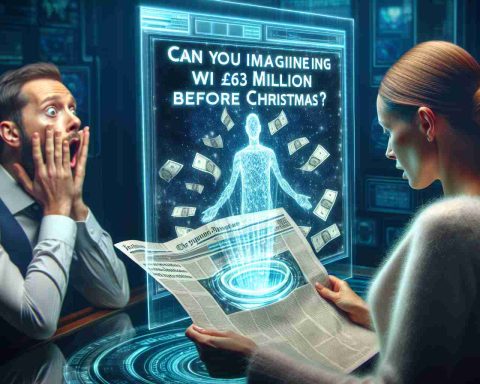 Create an image showing an individual reacting with shock and disbelief while reading a futuristic holographic newspaper headline stating, 'Can You Imagine Winning £63 Million Before Christmas?'