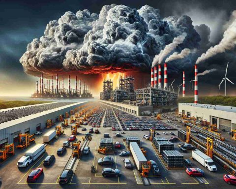 Create a hyper-realistic and high-definition image that visualizes the concept of imposing large tariffs affecting the U.S. battery supply. The image should depict a metaphorical representation of impending tariff cloud ominously looming over a vibrant industrial landscape filled with battery factories, symbolizing a potential crisis for the electric vehicle market. Please include poignant visuals such as stormy clouds, factories with conveyor belts filled with batteries, and electric vehicles parked in the distance, all representing the uncertainty and potential impacts this situation could have on the EV industry.