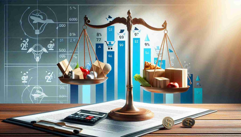 Generate a realistic, high-definition image representing the context of proposing big changes to goods and services tax rates on food delivery charges. The image should convey the idea of these charges being left in uncertainty, as if hanging by a thread. Depict a foreground with a symbolic scale of justice - on one side, documents indicating the food delivery charges and on the other, symbols denoting tax rates. In the background, create an infographic-style representation of the proposed changes. *Do not include actual logos of food delivery companies or specific percentages for the tax rates.*