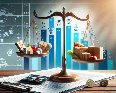 Generate a realistic, high-definition image representing the context of proposing big changes to goods and services tax rates on food delivery charges. The image should convey the idea of these charges being left in uncertainty, as if hanging by a thread. Depict a foreground with a symbolic scale of justice - on one side, documents indicating the food delivery charges and on the other, symbols denoting tax rates. In the background, create an infographic-style representation of the proposed changes. *Do not include actual logos of food delivery companies or specific percentages for the tax rates.*