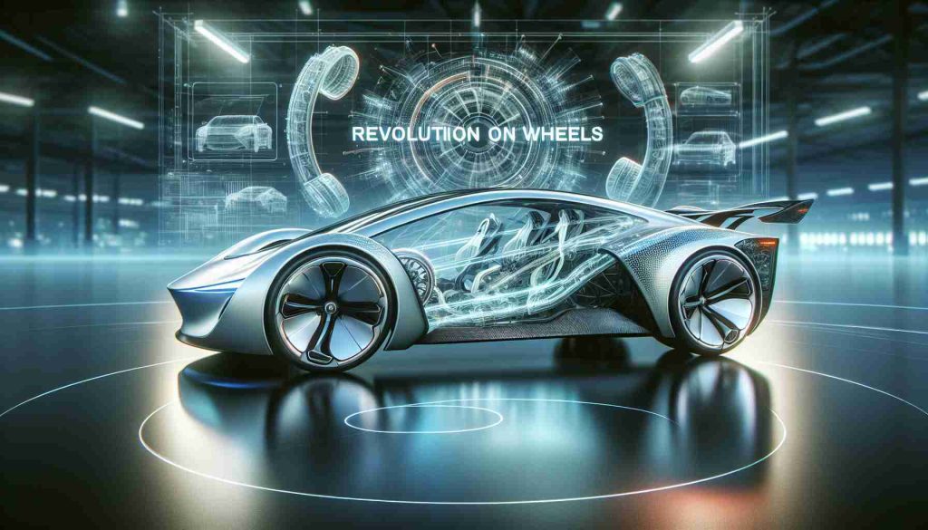 A realistic HD image portraying the concept of 'Revolution on Wheels'. Depict an advanced, next-generation electric vehicle that bears a futuristic design, highlighting innovations in green energy and automotive technology.