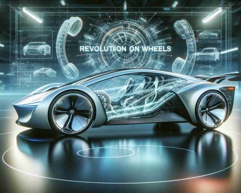 A realistic HD image portraying the concept of 'Revolution on Wheels'. Depict an advanced, next-generation electric vehicle that bears a futuristic design, highlighting innovations in green energy and automotive technology.