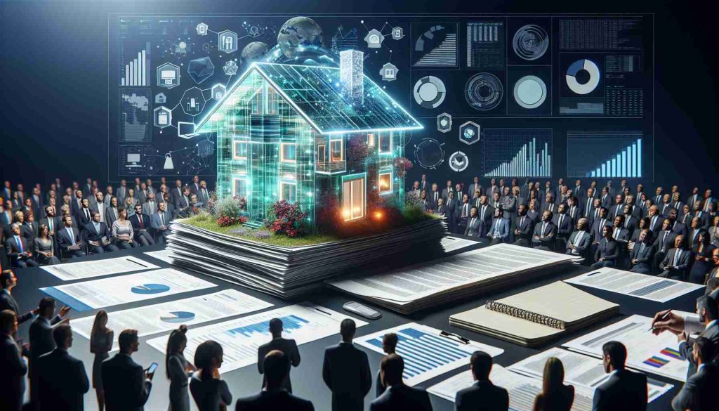 A hyper-realistic high-definition image showcasing a large-scale financial investment event. It depicts stacks of official looking documents, graphs, charts, and applications to symbolize a massive funding boost. In the foreground, a futuristic model of a sustainable, energy-efficient house is brightly lit, symbolizing the future of home energy. The background consists of a crowd of diverse people, Men and Women from different descents like Caucasian, Hispanic, Black, Middle-Eastern, South Asian, White, engrossed in the event.