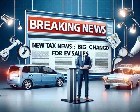 Create a high-definition realistic image of a breaking news scene that showcases 'New Tax News: Big Changes Ahead for EV Sales'. It could include details as a rolling news ticker at the bottom of a news channel, a news anchor presenting the news, or a newspaper shot with the headline being the given text. Elements related to electric vehicles could also be incorporated to highlight the context of the news, such as an electric car or a charging station sign.