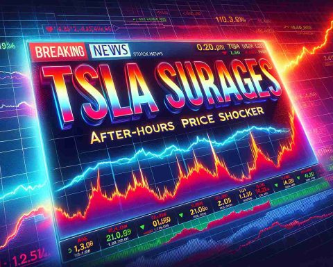 Realistic HD image of a stylized breaking news header reading 'TSLA Surages: After-Hours Price Shocker' depicted in intense, attention-grabbing colors with a backdrop of stock market charts showing a significant surge in value.