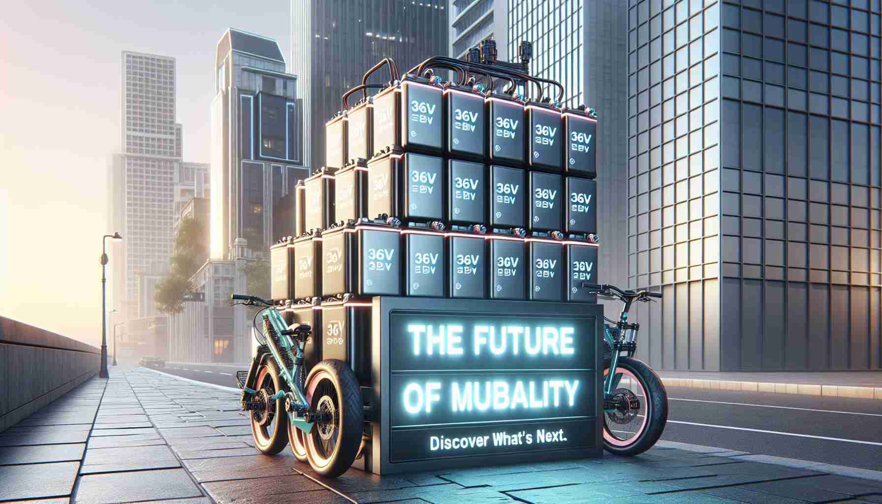 A high-definition realistic image showcasing a stack of 36V E-Bike batteries. The setting is an urban environment with modern buildings in the background to suggest the concept of future city mobility. A neon signboard located next to the stack of batteries poses the question: 'The Future of Urban Mobility? Discover What’s Next.'