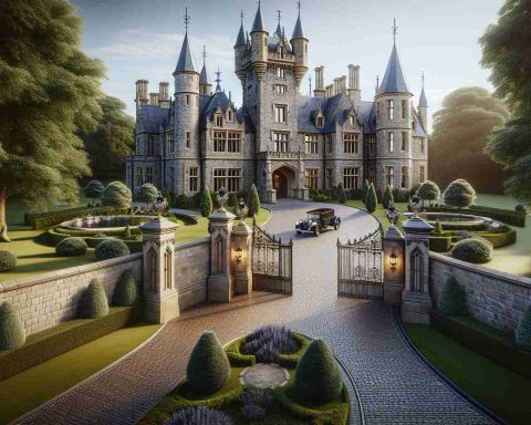 Generate a realistic, high-definition image featuring the elegance of an exquisite castle, called Crossbasket. The scene should convey the beginning of a new chapter for this historic monument, with luxury awaiting its visitors. The castle's grandeur should be prominently showcased, along with its intricately designed entrance and gorgeous landscaping. Imagery may include the castle's high towers, stone walls, an ornate gate, lush gardens, and cobblestone paths leading towards the entrance.