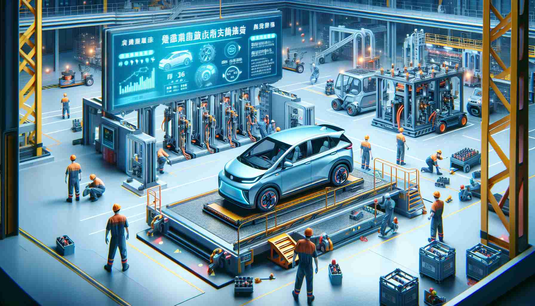 Create a detailed image depicting an advanced electric vehicle (EV) facility in China, showcasing the process of battery swapping. It should feature an EV on a state-of-the-art platform that is replacing the vehicle's battery. Machinery and automated tools are visible, efficiently and accurately carrying out the replacement process. Workers of various descents and genders in safety gear are overseeing the operation. Also include a digital screen in the background displaying statistics about the revolution of EVs and the future potential of the technology. Ensure the image is in high definition and presents the scene in a realistic manner.