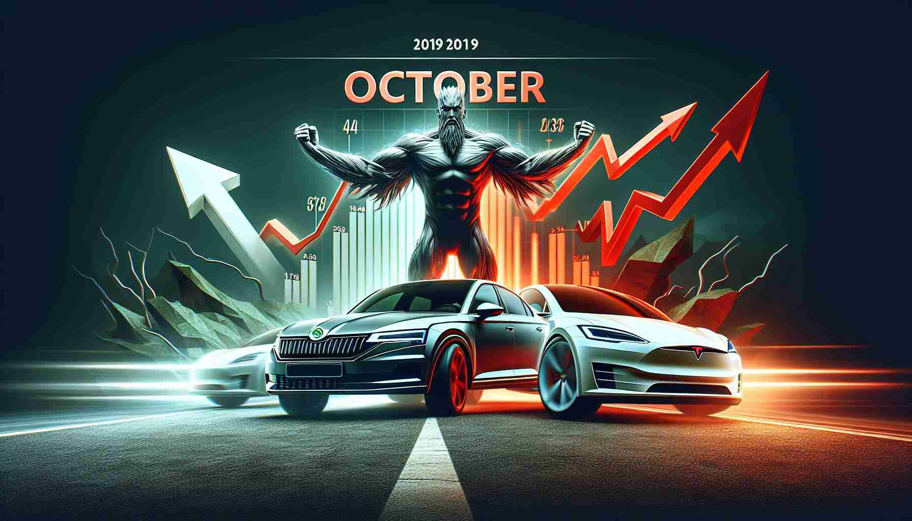 A high-definition, realistic image representing October trends in the automobile industry. The scene includes a Skoda car showing impressive performance measures and advances, depicted in a powerful, triumphant manner, overshadowing a Tesla vehicle. Please also include graphical elements that symbolically represent the shift in trends from one brand to another.