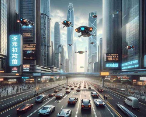 A realistic, high-definition image of a futuristic cityscape with flying cars soaring through the sky. Busy traffic lines the streets below, while in the sky above, various models of flying cars navigate between tall, gleaming skyscrapers. Neon signboards advertise tomorrow's technological marvels, while pedestrians peer up, marvelling at the sight. The scene epitomizes the phrase, 'Buckle Up for the Future.'