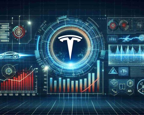 Create an HD quality image that shows a visually demonstrated concept of 'Tesla Shares' with the abstract idea of 'Disruptive AI Algorithms' redefining the market dynamics. It should give off a sense of realism. The design could include representations like graphs, charts, binary codes, or AI-related imagery to symbolize the influence of artificial intelligence in shaping market trends.