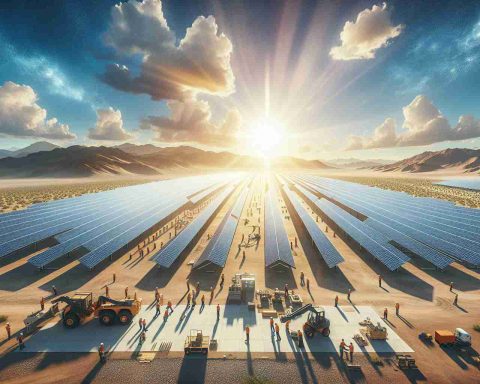 Realistic high-definition image of revolutionizing energy project taking place in Chile. Depict a large expanse of solar panels stretching across the arid landscape, under a wide blue sky. The sun is shining brightly, creating a shimmering effect in the air. Mountains can be seen in the distant background while engineers of various descents and genders are busily working around the site, with machinery and tools, showcasing a major renewable energy project in progress.