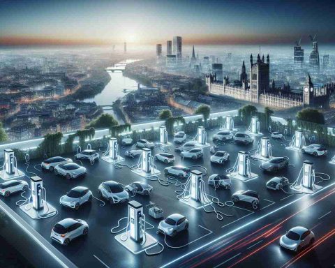 A realistic, high-definition image depicting the future of the United Kingdom's electric vehicle revolution. Visualize increased number of charging stations scattered across urban and rural landscapes, outnumbering traditional petrol pumps. Imagine the year is 2030 with technologically advanced EV charging infrastructure, featuring cutting-edge designs of vehicles parked, being charged.