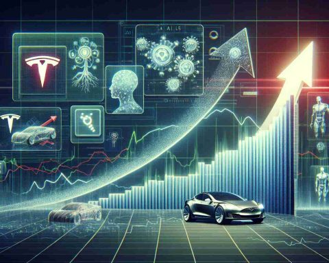 A high-definition, detailed graphic presentation showing the dynamic behavior of Tesla's stock market trends. It includes a large upward swing or surge, suggesting potential growth. Adjacent to it are multiple pictorial representations of innovative AI technologies, implying that these advancements may be the critical driving force for the promising surge. The scene is rendered in a realistic style.