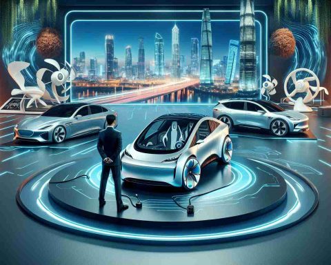 Create a realistic high definition image portraying a future where electric vehicles dominate. A scene where a leading automobile manufacturer proudly positions themselves in the forefront of this movement. Vehicles can be displayed showcasing innovative technology and modern designs, placed in a luxuriously futuristic environment. The scene can also be accompanied by a vibrant cityscape in the background, signifying progress and innovation.