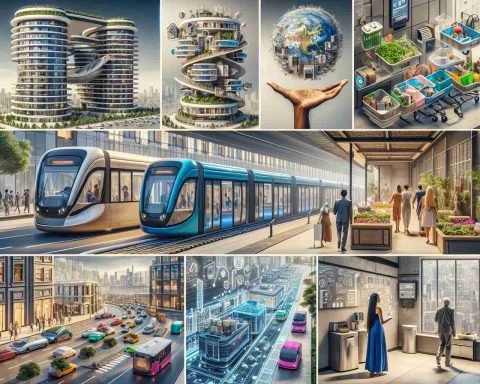 Highly detailed, realistic image of innovative solutions being implemented to address the problem of overcrowding. Picture includes novel designs in architecture, such as multi-storey buildings with intelligent space usage, invention of space-efficient personal items, systems for efficient waste management, and advancements in public transportation like buses, trams, and metros. Additionally, show scenes of people using these facilities – an African American woman boarding a space-efficient bus, a South Asian man shopping in a multi-storey grocery store, and a Middle Eastern family utilizing the efficient waste management systems in their apartment complex.