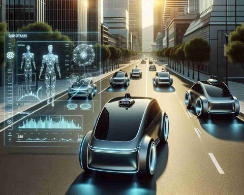 A high-definition, realistic image of a fleet of autonomous Robotaxis from the perspective of a street observer. The Robotaxis have a sleek design, embodied with cutting-edge technology, gliding smoothly and efficiently on the streets, showcasing their advanced safety features. To further emphasise the safety aspects, depict a display panel showcasing data or graphs highlighting the exceptional safety performance compared to a traditional taxi.