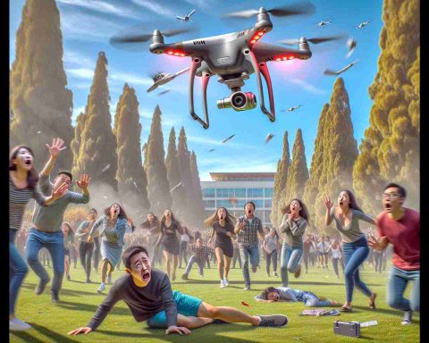 An image of a drone malfunction causing significant commotion, captured with a high-definition camera. The drone is mid-air in an unexpected descent among a mildly panicked crowd. Some people are seen with minor injuries displaying expressions of surprise and relief. The setting is a sunny day in a spacious park filled with towering trees and an azure sky above. The drone is sleek, silver, with red blinking lights, appearing malfunctioned and out of control. The fleeting moment is captured perfectly in time, encapsulating the shock and aftermath of the unplanned incident