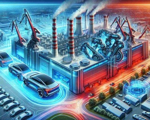 Create a detailed, high-definition image depicting a major merger in the automotive industry. This should include visuals of two large automobile factories, one with blue highlights and the other with red highlights, being brought together into one entity, symbolizing the major merger. Surrounding the factories, illustrate the surprises coming along with this merger such as production of futuristic cars, increased robotic machines, high-speed manufacturing lines and massive warehouse changes. The image should emanate a strong sense of anticipation, change and progress in the auto world.