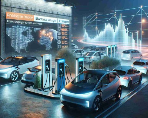 Produce a realistic high-definition image of an electric vehicle industry in flux, showing signs of major shifts and uncertainty. Depict different brands' electric cars, charging stations glowing in the evening lights, news headlines hinting at notable changes, and a large graph indicating volatile market trends. Ensure the overall atmosphere conveys the sense of uncertainty and change in the industry.