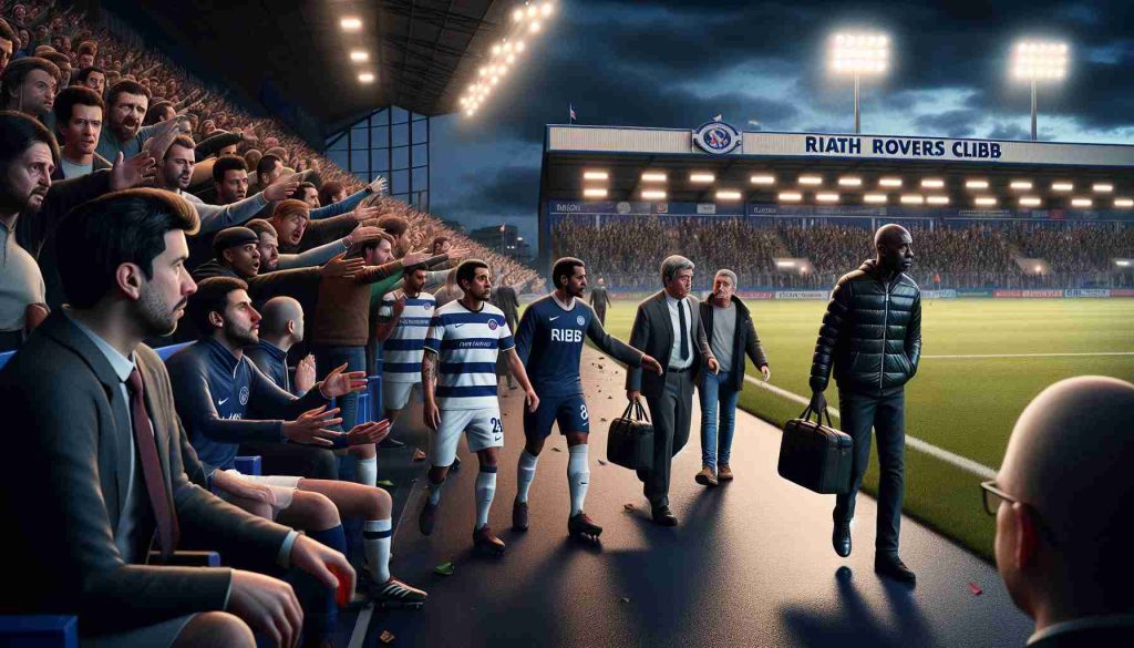 A hyper-realistic, high-definition image capturing the dramatic scene of a soccer coach leaving the Raith Rovers club after a short tenure of 109 days. The coach, a black male in his late thirties, is seen exiting the stadium with his belongings in hand, the floodlights shining in the evening sky. Nearby, a handful of his players, a diverse group of Caucasians and Middle-Eastern men, express a mix of confusion and disappointment while spectators in the stands, composed of men and women of various descents, are in an ardent discussion, reflecting the tension of the abrupt departure.