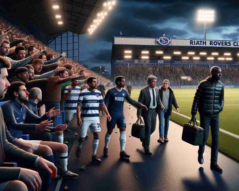 A hyper-realistic, high-definition image capturing the dramatic scene of a soccer coach leaving the Raith Rovers club after a short tenure of 109 days. The coach, a black male in his late thirties, is seen exiting the stadium with his belongings in hand, the floodlights shining in the evening sky. Nearby, a handful of his players, a diverse group of Caucasians and Middle-Eastern men, express a mix of confusion and disappointment while spectators in the stands, composed of men and women of various descents, are in an ardent discussion, reflecting the tension of the abrupt departure.