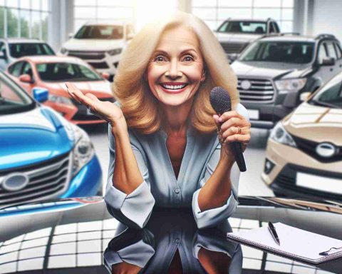 Produce an HD image that portrays a transformation in a career. Picture a middle-aged, Caucasian woman who used to be a journalist, now being passionate about family cars. Show her within a environment full of diverse types of family cars, her hands resting on a glossy bonnet of a car with a bright and enthusiastic expression, perhaps holding a notepad or microphone as a reference to her past profession.