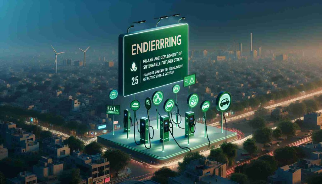 Realistic high-definition image of a green initiative in Faridabad engendering a sustainable future: Plans are underway for the deployment of 25 electric vehicle charging stations soon. The visualization should include signs indicating the future arrival of these stations against a backdrop of the cityscape, interspersed with elements symbolizing eco-friendliness and modern technology.