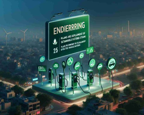 Realistic high-definition image of a green initiative in Faridabad engendering a sustainable future: Plans are underway for the deployment of 25 electric vehicle charging stations soon. The visualization should include signs indicating the future arrival of these stations against a backdrop of the cityscape, interspersed with elements symbolizing eco-friendliness and modern technology.