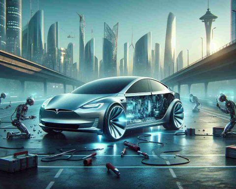 A realistic, high-definition image portraying a conceptual future scene where cars can repair themselves. Envision an advanced automobile, possibly featuring a unique and futuristic design, which could represent Tesla's groundbreaking innovation. The car is in a process of self-repair, implying the use of high-tech nano-robots or some advanced materials technology. The ambiance should evoke a sense of stepping into the future, with modern buildings and infrastructure in the background, endorsing a futuristic cityscape.