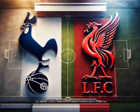 Visual representation of a hypothetical soccer match between two powerful teams, one symbolized by a cockerel (associated with Tottenham) and the other by a liver bird (associated with Liverpool). The scene sets a tense atmosphere indicative of an epic showdown ahead. The teams' logos are superimposed on a soccer field viewed from above. One half of the field is tinted in white and the other in red, reflecting the respective team colours. The image should be high-definition realistic style.