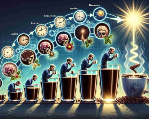 A realistic, high-definition depiction of the concept titled 'Unbelievable Insights: What Your Morning Cup of Coffee Really Does to You'. The scenario has aspects of time progression from dawn to mid-morning, showcasing various states of a casual coffee drinker. Beginning from a sleepy-eyed state to gradually becoming wide-awake, energetic, and focused, thanks to the transformative power of coffee. The depiction includes scientific, diagram-like components to further explain the impact of coffee on the human body such as increasing alertness, improving cognitive functions and boosting mood. Additionally, include symbols of ticking clocks, and shining sun to convey time progression.