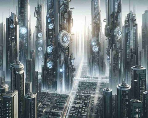 An ultra high definition image capturing an imaginative view of the future. The scene features towering skyscrapers adorned with cutting-edge technology that's characteristic of advanced machinery technology (AMT). These towers soar into the sky, their structures reflecting an integration of eco-friendly design, advanced robotics, and space-age aesthetics. The overall scene expresses a world in which humans have fully embraced advancements in technology with buildings that mirror this progress.