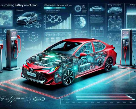 A detailed image showcasing the revolution in battery technology, set in the context of automotive advancements. The focal point should be a 2026 Toyota Corolla, painted in vivid shades of red. Flaunt the cutting-edge design with an emphasis on the components that define its efficiency. The backdrop can display charging stations, graphs, and energy consumption metrics, reflecting the leap in sustainable technology. The overall theme of the image should be 'The Surprising Battery Revolution'.