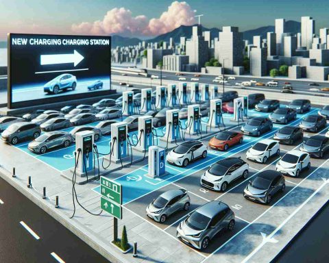 Generate a realistic HD image that shows a scenario where an electric vehicle charging station, modeled after the popular ones, has just become more accessible. Picture a new charging point that's strategically placed in a populous location, with clear and visible signs pointing towards it. Include a range of electric vehicles, such as sedans, hatchbacks, and SUVs, belonging to various descents and genders, parked and charging.