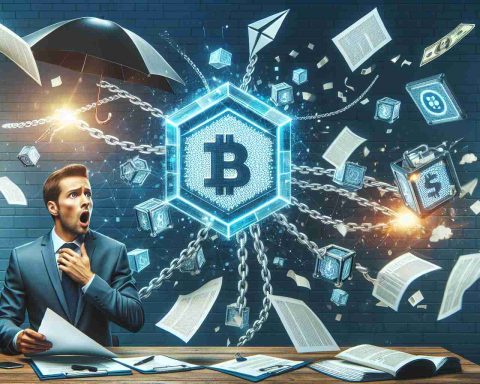 A high-definition, realistic image depicting the concept of blockchain's unexpected impact on the insurance industry. It could include visual metaphors such as graphical representation of a blockchain (represented as interconnected blocks), a surprised insurance agent scrutinizing the blockchain, and papers flying around indicating disruption. Also subtly incorporate symbols of insurance like a shield or an umbrella in the frame to relate to the insurance industry. Use cool, contrasting colors to emphasize the 'unexpected' theme.