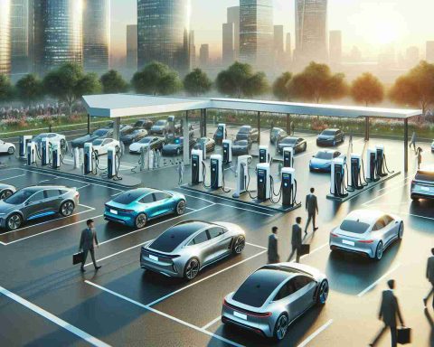 A realistic, high-definition depiction of the expansion of electric cars as part of a movement towards increased convenience. Show a variety of electric cars of different makes and models, parked at an extensive charging station. The charging station should be modern and clean, illustrating emerging technology's adoption. The background scene should display a cityscape during the daytime, representing the integration of this environmentally friendly mode of transport into urban lifestyle. Include people of diverse descent and gender walking around, reflecting the common use of this technology across various communities.