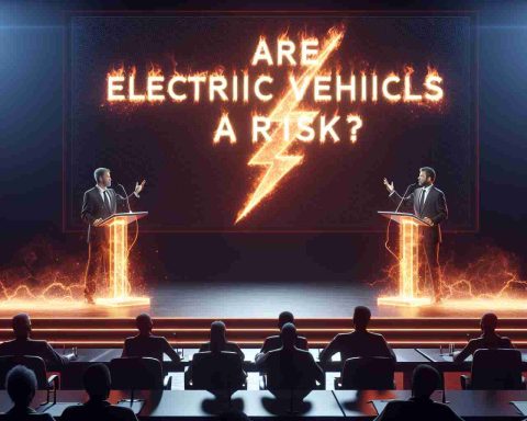 Generate a realistic HD image showing an intense debate happening on a stage. There are two people at the podiums on opposite ends of the stage, both talking animatedly as sparks of electricity symbolically arc between them. The background should feature a large screen displaying the words 'Are Electric Vehicles a Risk?' in bold, fiery letters.