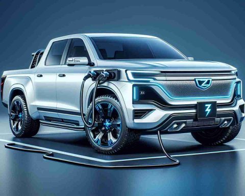 Generate a high-definition, realistic image of a new electric truck model by a Japanese automaker. This futuristic vehicle should be a pick-up truck with an electric powertrain, capturing the essence of the evolving auto industry. It should have obvious elements indicating its electric nature, like charging ports, sleek modern design, and distinct electric vehicle badges.