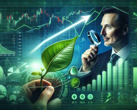 Create a high-definition, realistic image that visually represents the surge in Tesla's stock. Include elements such as rising arrows, charts with growth lines, financial data, and possibly a conceptual representation of investors shifting their focus towards greener industries, such as an investor with a magnifying glass examining a green leaf. Please avoid any specific references to identifiable people.