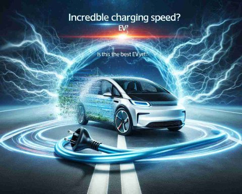 Generate a realistic high-definition image depicting the charging speed of a generic electric vehicle. Visualize the concept of 'Incredible Charging Speed' with the electric vehicle plugged in, and electricity flowing rapidly around it to signify the speed. Show a caption saying 'Is this the best EV yet?'